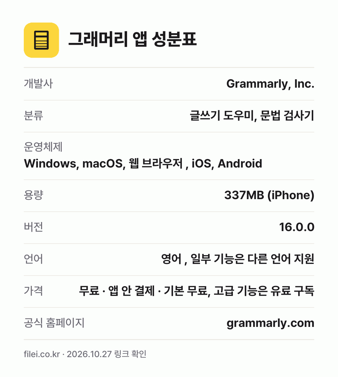 그래머리 앱 성분표: 개발사 Grammarly, Inc., 분류 글쓰기 도우미, 문법 검사기, 운영체제 Windows, macOS, 웹 브라우저 , iOS, Android, 용량 337MB (iPhone), 버전 16.0.0