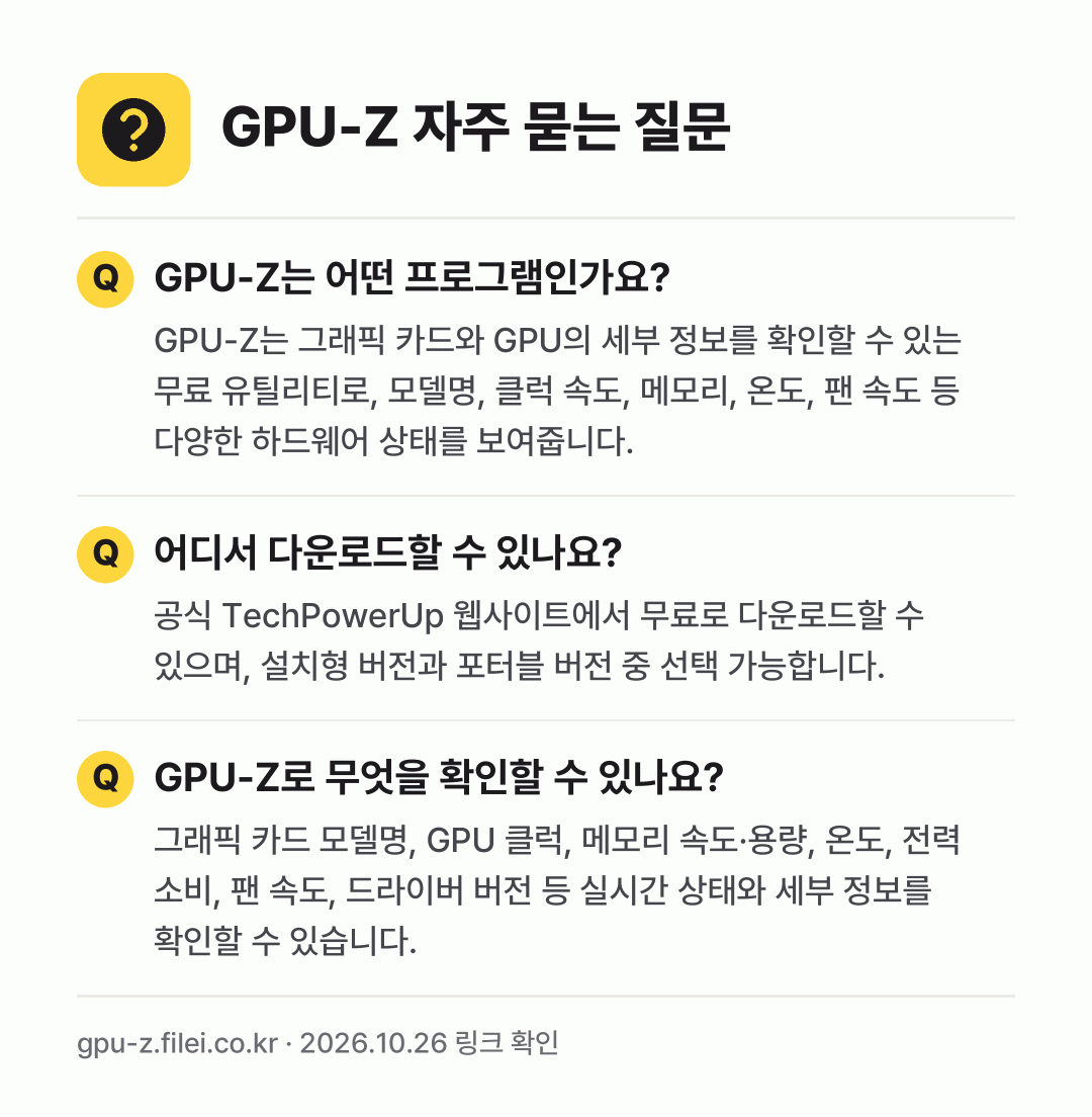 GPU-Z 자주 묻는 질문: GPU-Z는 어떤 프로그램인가요? / 어디서 다운로드할 수 있나요? / GPU-Z로 무엇을 확인할 수 있나요?