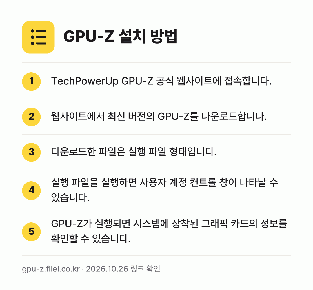GPU-Z 설치 방법: TechPowerUp GPU-Z 공식 웹사… → 웹사이트에서 최신 버전의 GPU-Z를 다운… → 다운로드한 파일은 실행 파일 형태입니다. → 실행 파일을 실행하면 사용자 계정 컨트롤… → GPU-Z가 실행되면 시스템에 장착된 그래…