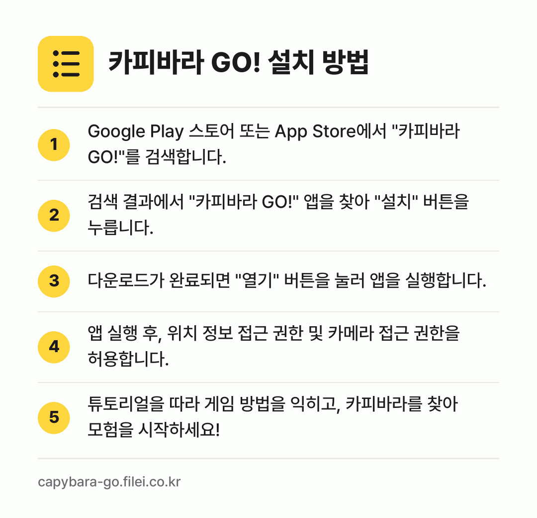 카피바라 GO! 설치 방법: Google Play 스토어 또는 App… → 검색 결과에서 "카피바라 GO!" 앱을 찾… → 다운로드가 완료되면 "열기" 버튼을 눌러… → 앱 실행 후, 위치 정보 접근 권한 및 카… → 튜토리얼을 따라 게임 방법을 익히고, 카피…