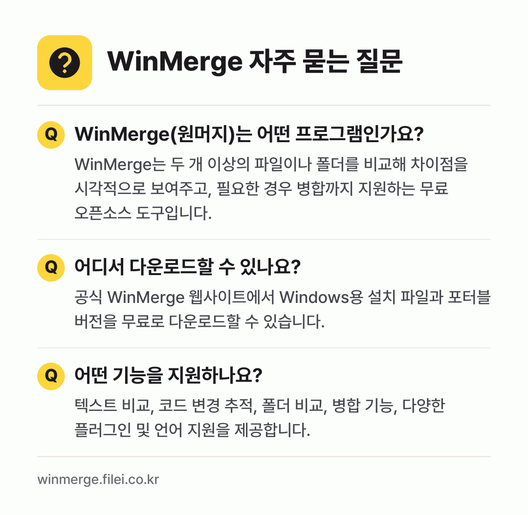 WinMerge 자주 묻는 질문: WinMerge(원머지)는 어떤 프로그램인가요? / 어디서 다운로드할 수 있나요? / 어떤 기능을 지원하나요?