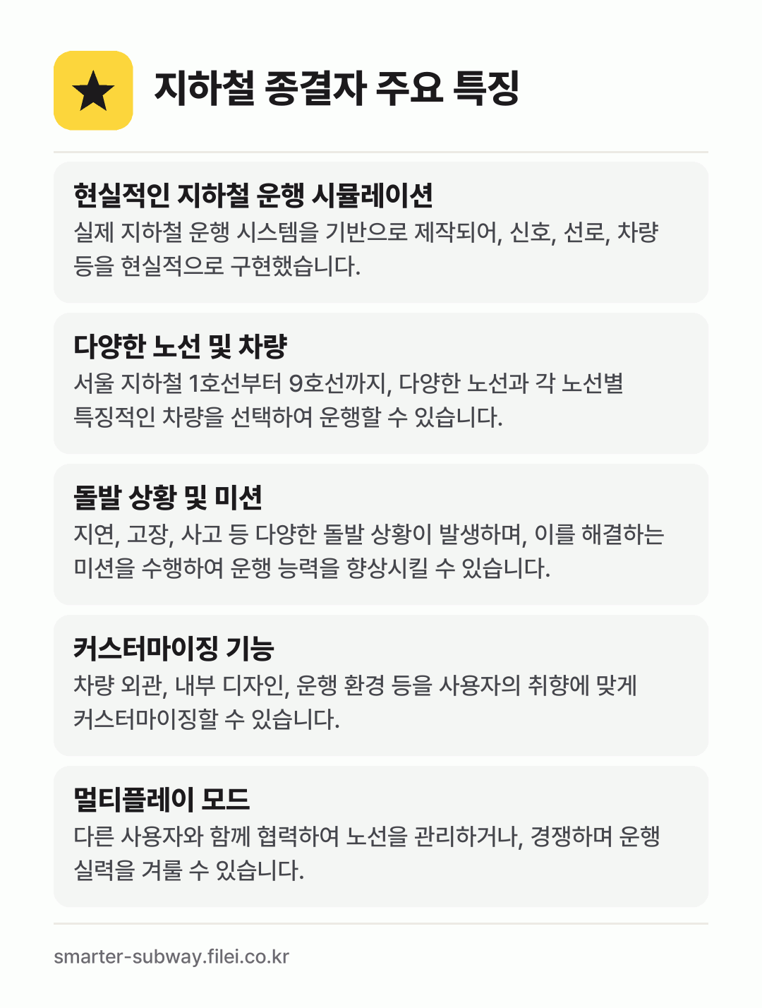 지하철 종결자 주요 특징: 현실적인 지하철 운행 시뮬레이션, 다양한 노선 및 차량, 돌발 상황 및 미션, 커스터마이징 기능, 멀티플레이 모드