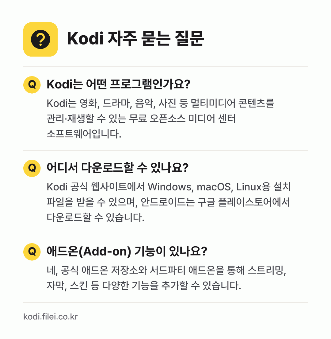 Kodi 자주 묻는 질문: Kodi는 어떤 프로그램인가요? / 어디서 다운로드할 수 있나요? / 애드온(Add-on) 기능이 있나요?