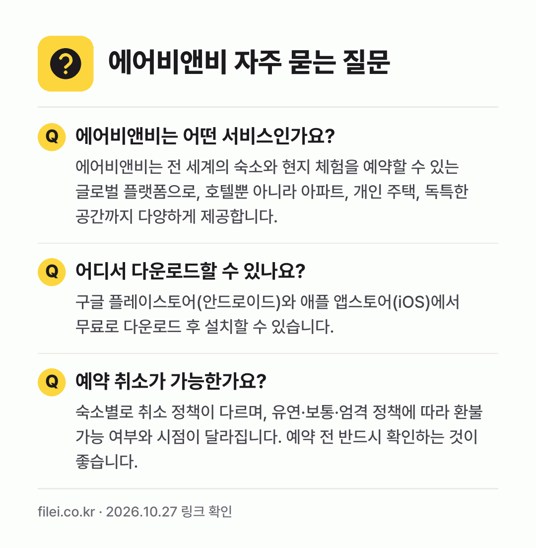에어비앤비 자주 묻는 질문: 에어비앤비는 어떤 서비스인가요? / 어디서 다운로드할 수 있나요? / 예약 취소가 가능한가요?
