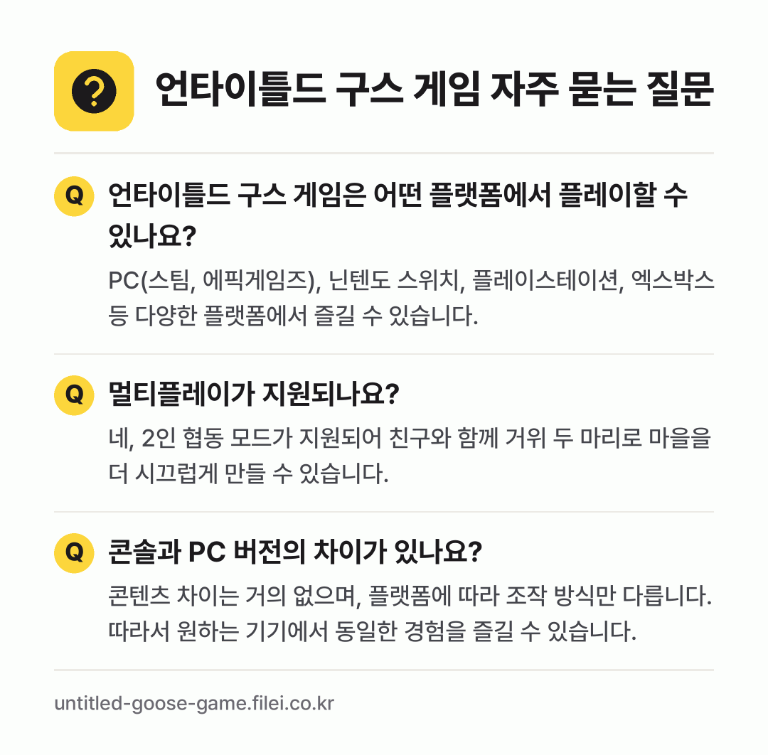 언타이틀드 구스 게임 자주 묻는 질문: 언타이틀드 구스 게임은 어떤 플랫폼에서 플레이할 수 있나요? / 멀티플레이가 지원되나요? / 콘솔과 PC 버전의 차이가 있나요?