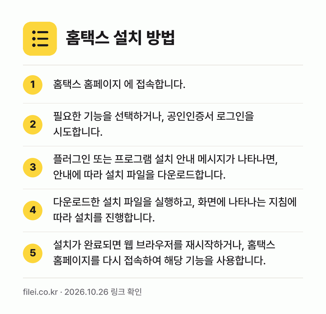 홈택스 설치 방법: 홈택스 홈페이지 에 접속합니다. → 필요한 기능을 선택하거나, 공인인증서 로그… → 플러그인 또는 프로그램 설치 안내 메시지가… → 다운로드한 설치 파일을 실행하고, 화면에… → 설치가 완료되면 웹 브라우저를 재시작하거나…