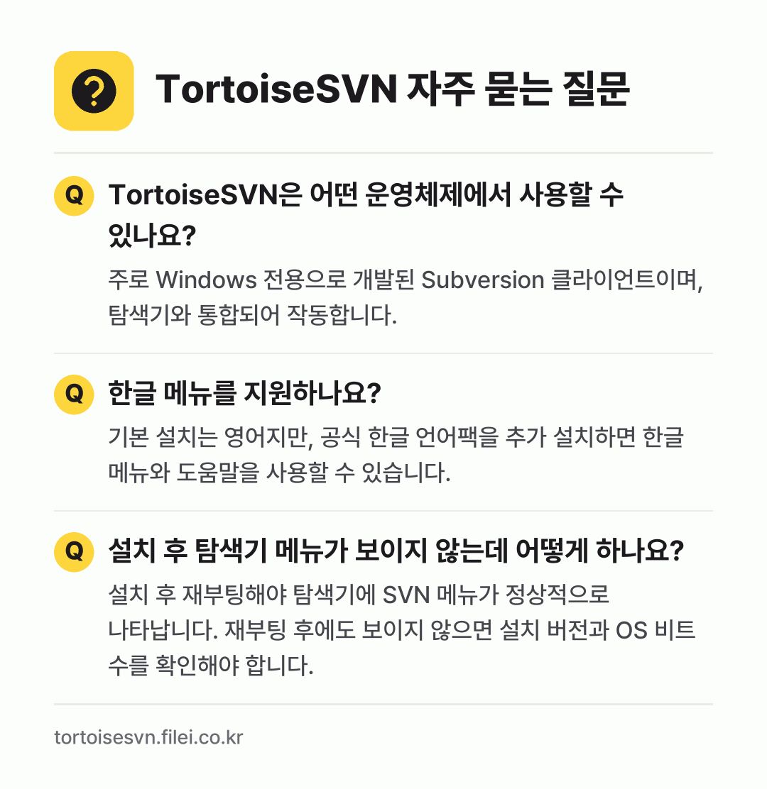 TortoiseSVN 자주 묻는 질문: TortoiseSVN은 어떤 운영체제에서 사용할 수 있나요? / 한글 메뉴를 지원하나요? / 설치 후 탐색기 메뉴가 보이지 않는데 어떻게 하나요?