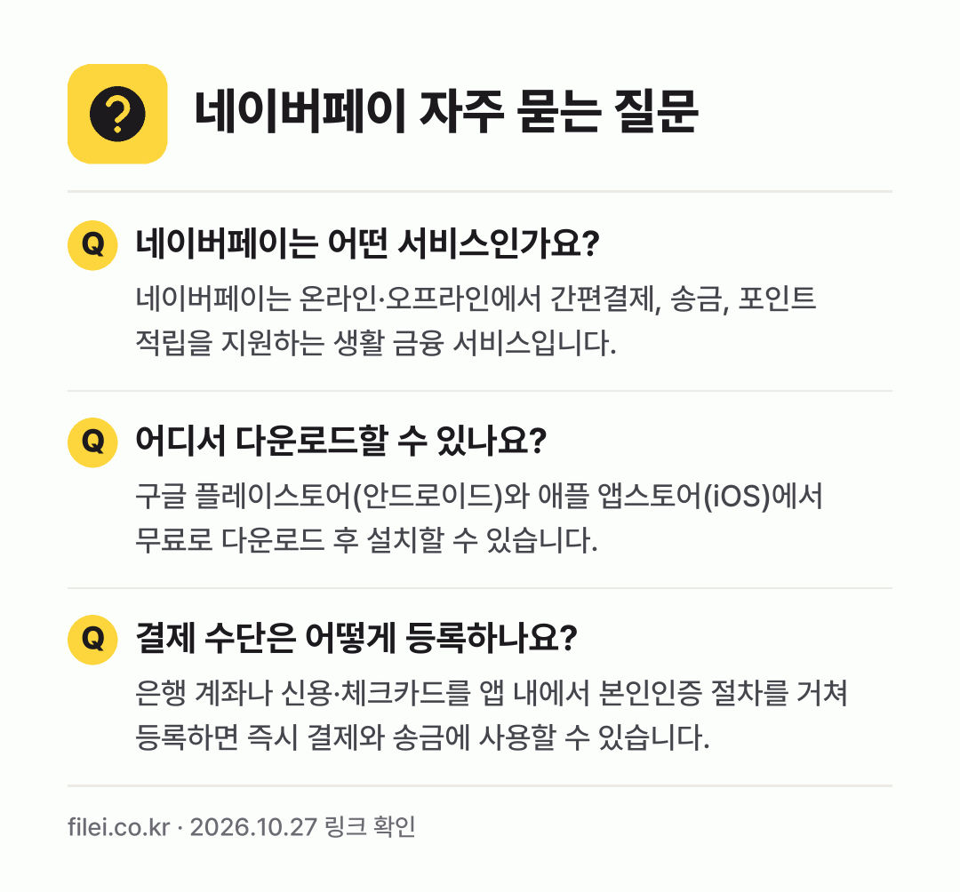 네이버페이 자주 묻는 질문: 네이버페이는 어떤 서비스인가요? / 어디서 다운로드할 수 있나요? / 결제 수단은 어떻게 등록하나요?