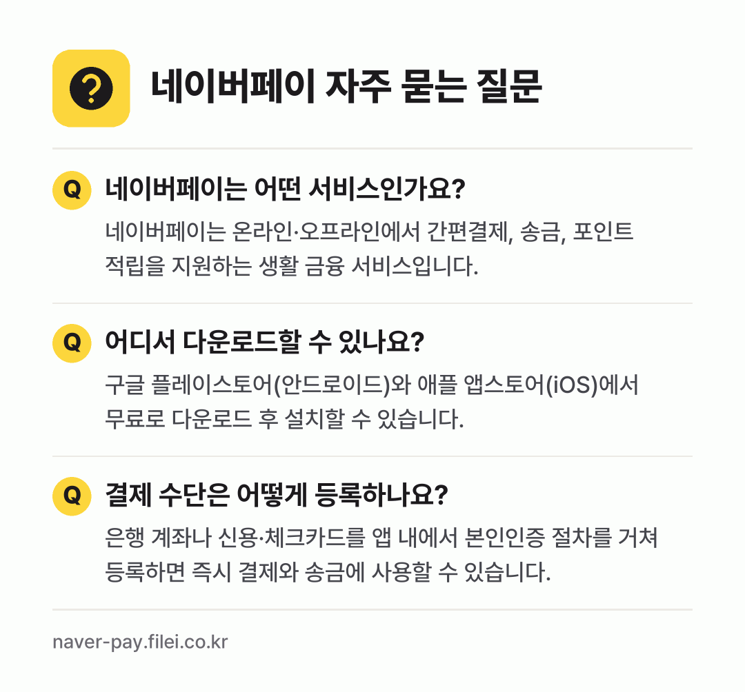 네이버페이 자주 묻는 질문: 네이버페이는 어떤 서비스인가요? / 어디서 다운로드할 수 있나요? / 결제 수단은 어떻게 등록하나요?