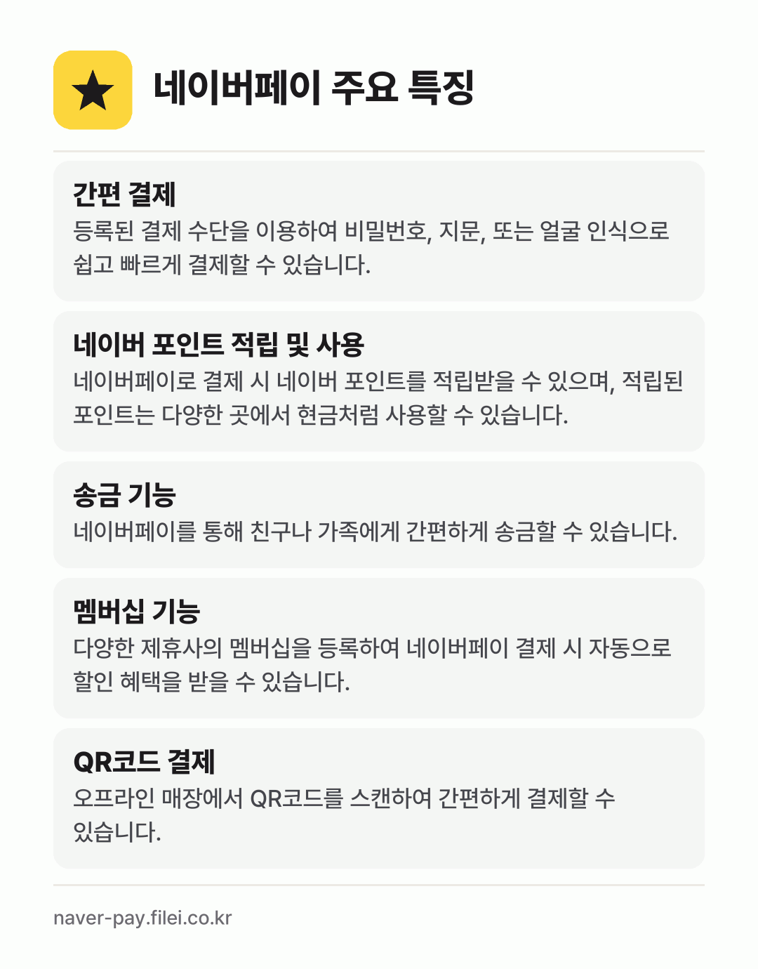 네이버페이 주요 특징: 간편 결제, 네이버 포인트 적립 및 사용, 송금 기능, 멤버십 기능, QR코드 결제
