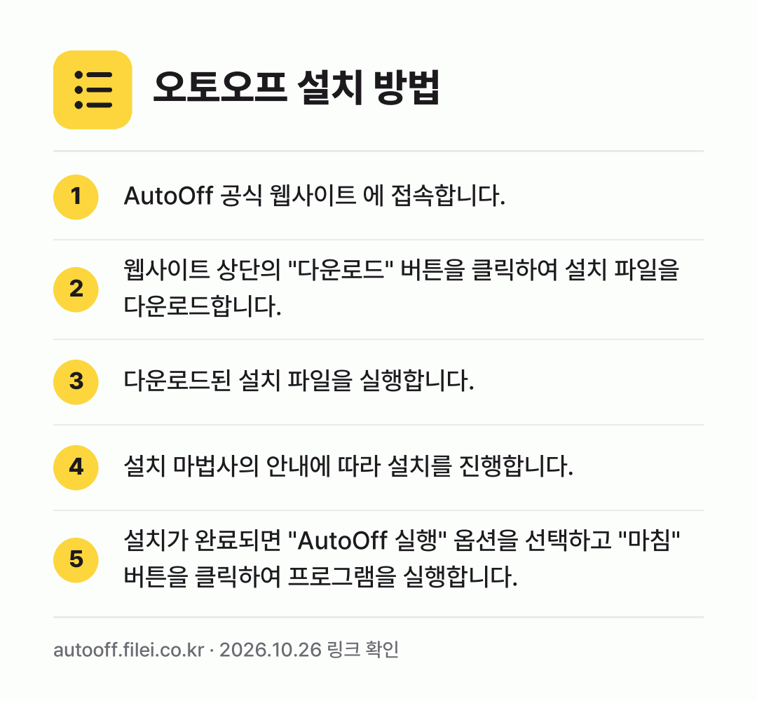 오토오프 설치 방법: AutoOff 공식 웹사이트 에 접속합니다. → 웹사이트 상단의 "다운로드" 버튼을 클릭하… → 다운로드된 설치 파일을 실행합니다. → 설치 마법사의 안내에 따라 설치를 진행합니… → 설치가 완료되면 "AutoOff 실행" 옵…