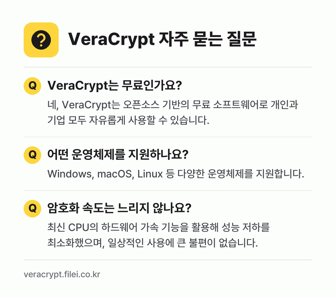 VeraCrypt 자주 묻는 질문: VeraCrypt는 무료인가요? / 어떤 운영체제를 지원하나요? / 암호화 속도는 느리지 않나요?