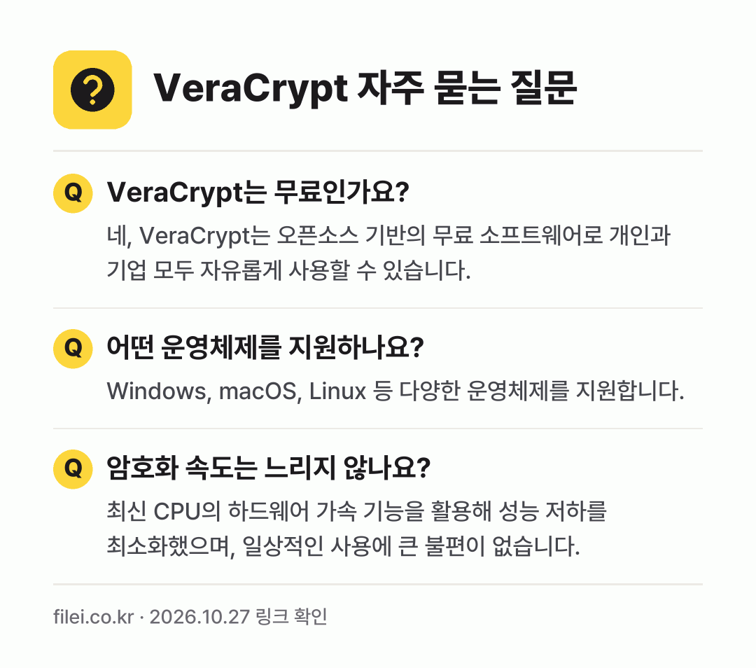 VeraCrypt 자주 묻는 질문: VeraCrypt는 무료인가요? / 어떤 운영체제를 지원하나요? / 암호화 속도는 느리지 않나요?
