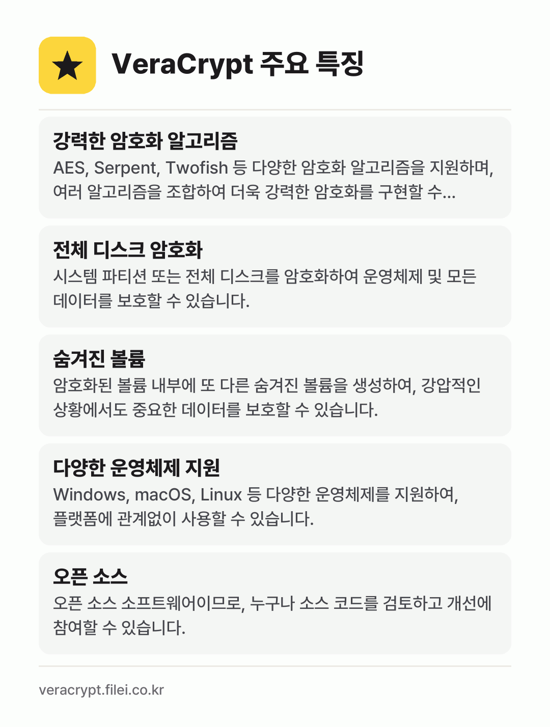 VeraCrypt 주요 특징: 강력한 암호화 알고리즘, 전체 디스크 암호화, 숨겨진 볼륨, 다양한 운영체제 지원, 오픈 소스