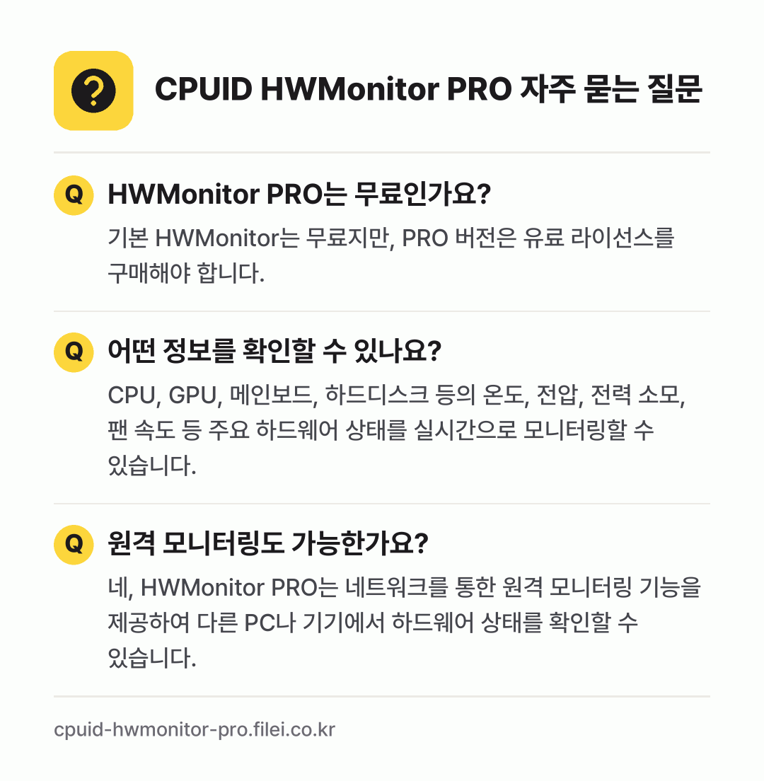 CPUID HWMonitor PRO 자주 묻는 질문: HWMonitor PRO는 무료인가요? / 어떤 정보를 확인할 수 있나요? / 원격 모니터링도 가능한가요?