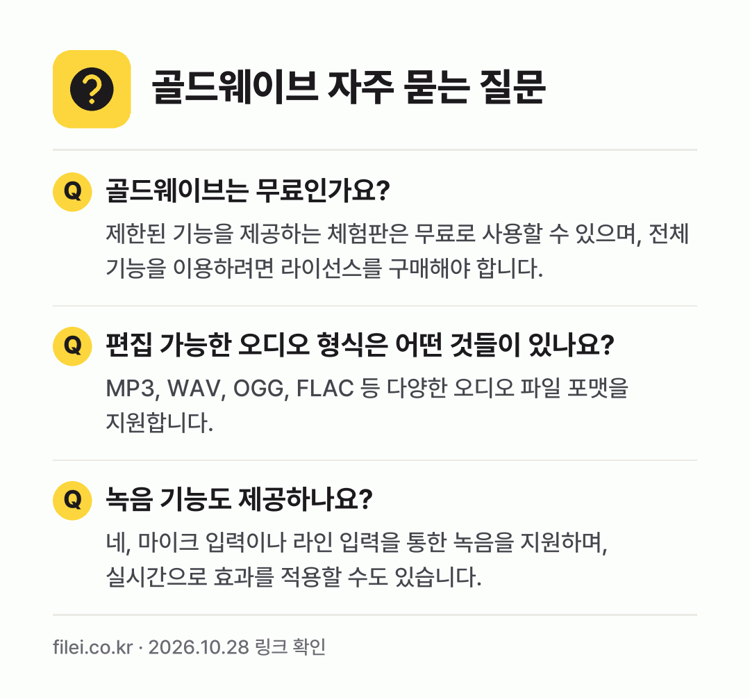 골드웨이브 자주 묻는 질문: 골드웨이브는 무료인가요? / 편집 가능한 오디오 형식은 어떤 것들이 있나요? / 녹음 기능도 제공하나요?