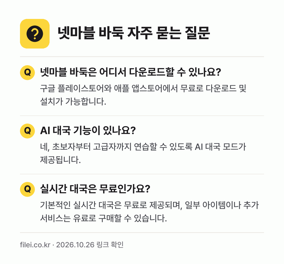 넷마블 바둑 자주 묻는 질문: 넷마블 바둑은 어디서 다운로드할 수 있나요? / AI 대국 기능이 있나요? / 실시간 대국은 무료인가요?