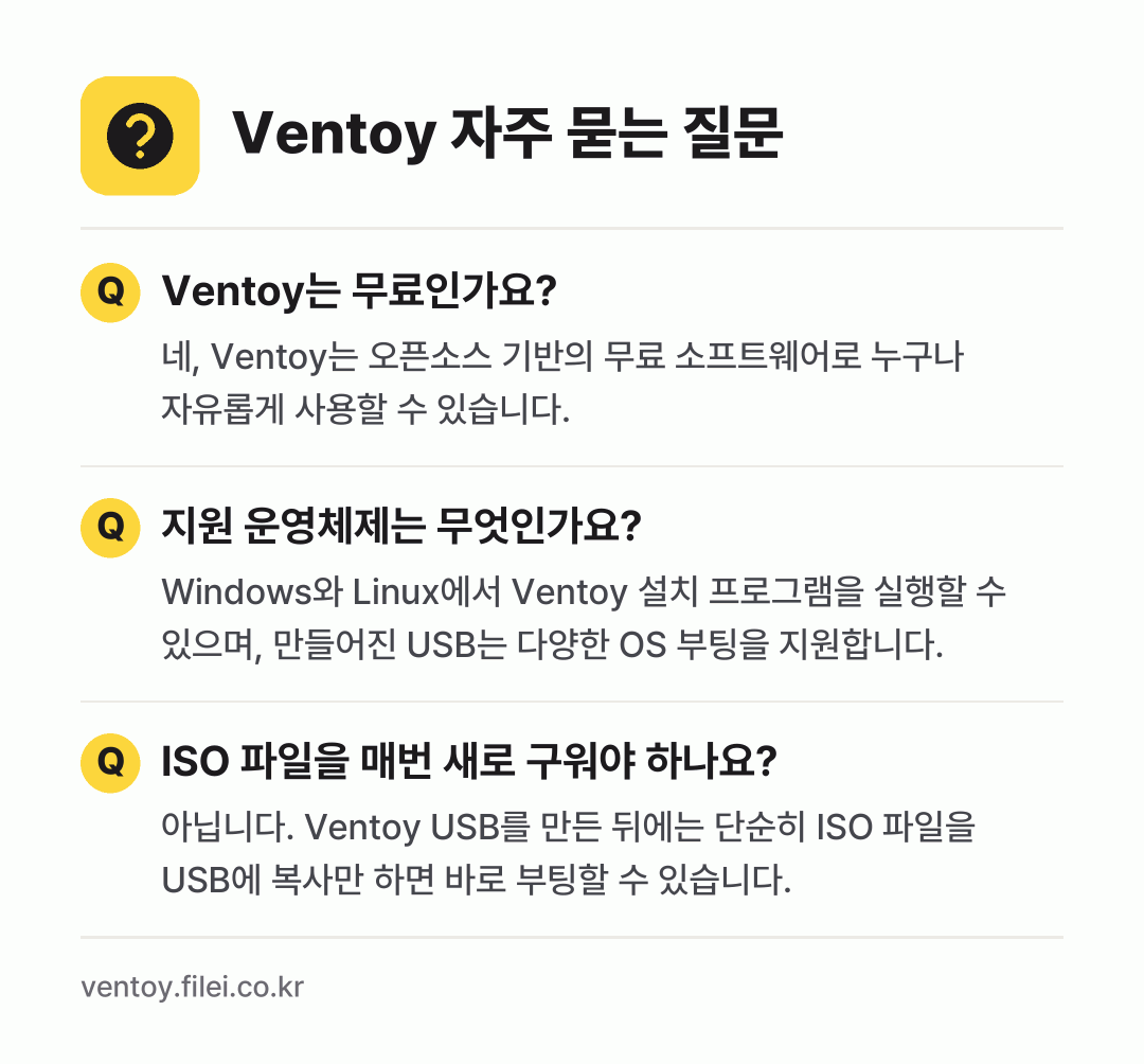 Ventoy 자주 묻는 질문: Ventoy는 무료인가요? / 지원 운영체제는 무엇인가요? / ISO 파일을 매번 새로 구워야 하나요?