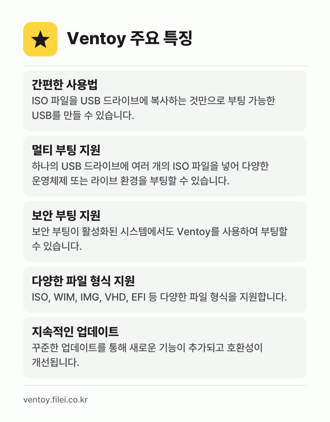 Ventoy 주요 특징: 간편한 사용법, 멀티 부팅 지원, 보안 부팅 지원, 다양한 파일 형식 지원, 지속적인 업데이트