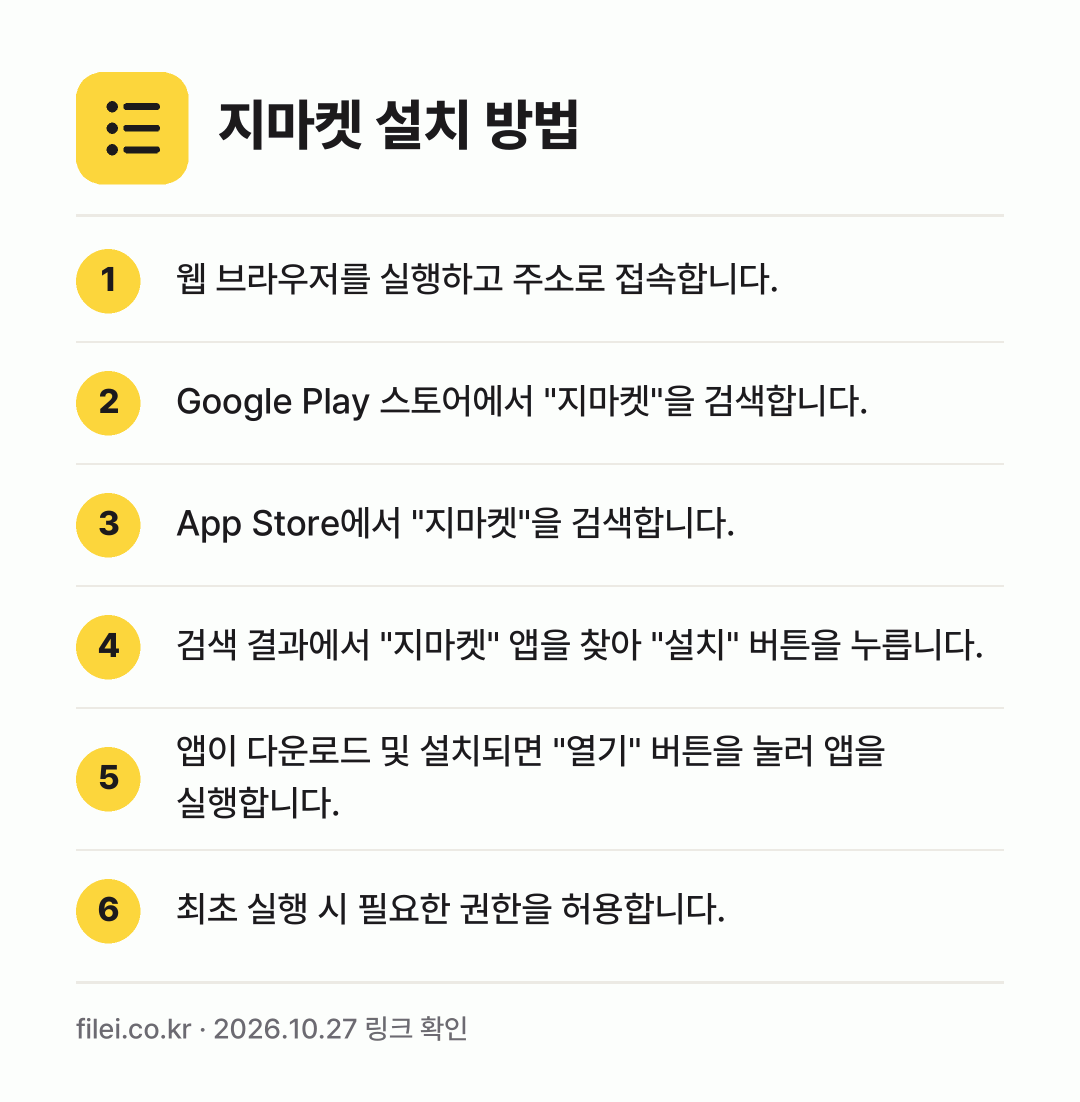 지마켓 설치 방법: 웹 브라우저를 실행하고 주소로 접속합니다. → Google Play 스토어에서 "지마켓"… → App Store에서 "지마켓"을 검색합니… → 검색 결과에서 "지마켓" 앱을 찾아 "설치… → 앱이 다운로드 및 설치되면 "열기" 버튼을… → 최초 실행 시 필요한 권한을 허용합니다.