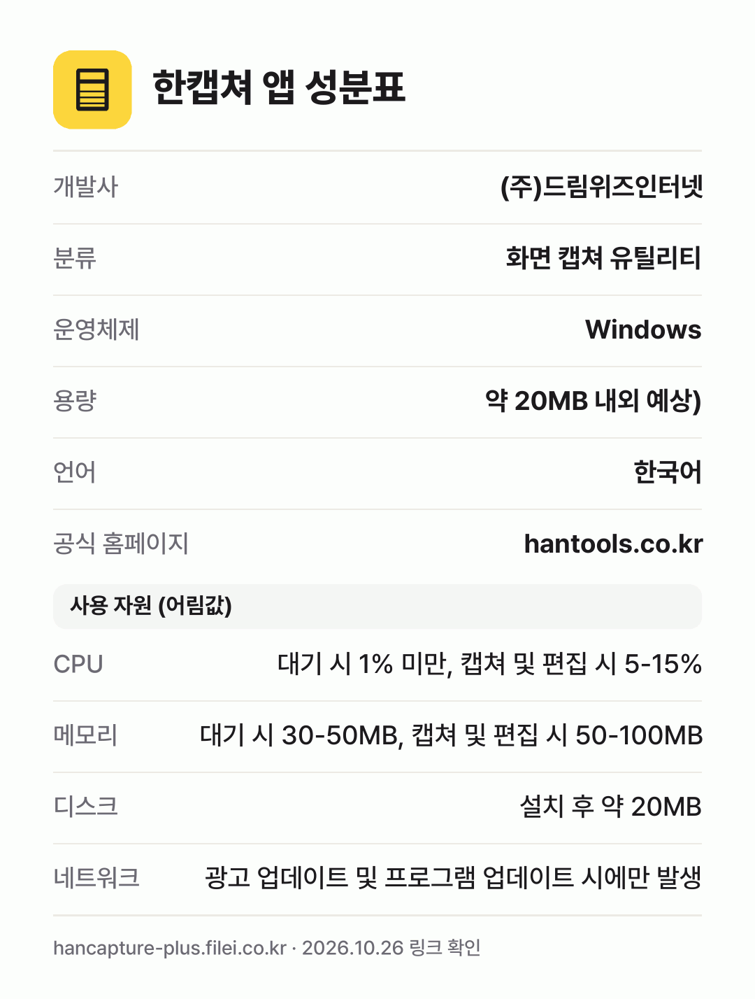 한캡쳐 앱 성분표: 개발사 (주)드림위즈인터넷, 분류 화면 캡쳐 유틸리티, 운영체제 Windows, 용량 약 20MB 내외 예상), 언어 한국어