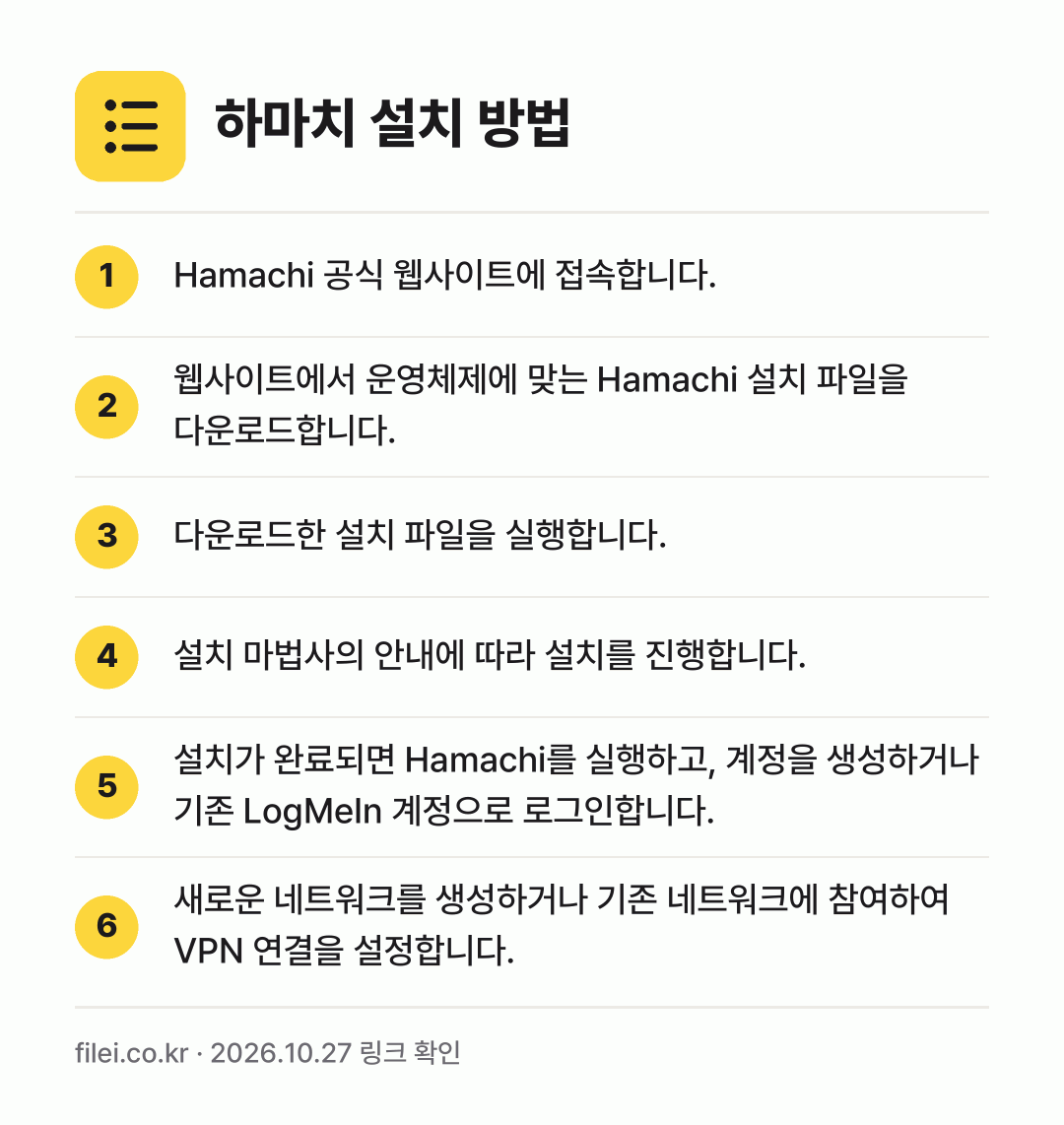 하마치 설치 방법: Hamachi 공식 웹사이트에 접속합니다. → 웹사이트에서 운영체제에 맞는 Hamachi… → 다운로드한 설치 파일을 실행합니다. → 설치 마법사의 안내에 따라 설치를 진행합니… → 설치가 완료되면 Hamachi를 실행하고,… → 새로운 네트워크를 생성하거나 기존 네트워크…