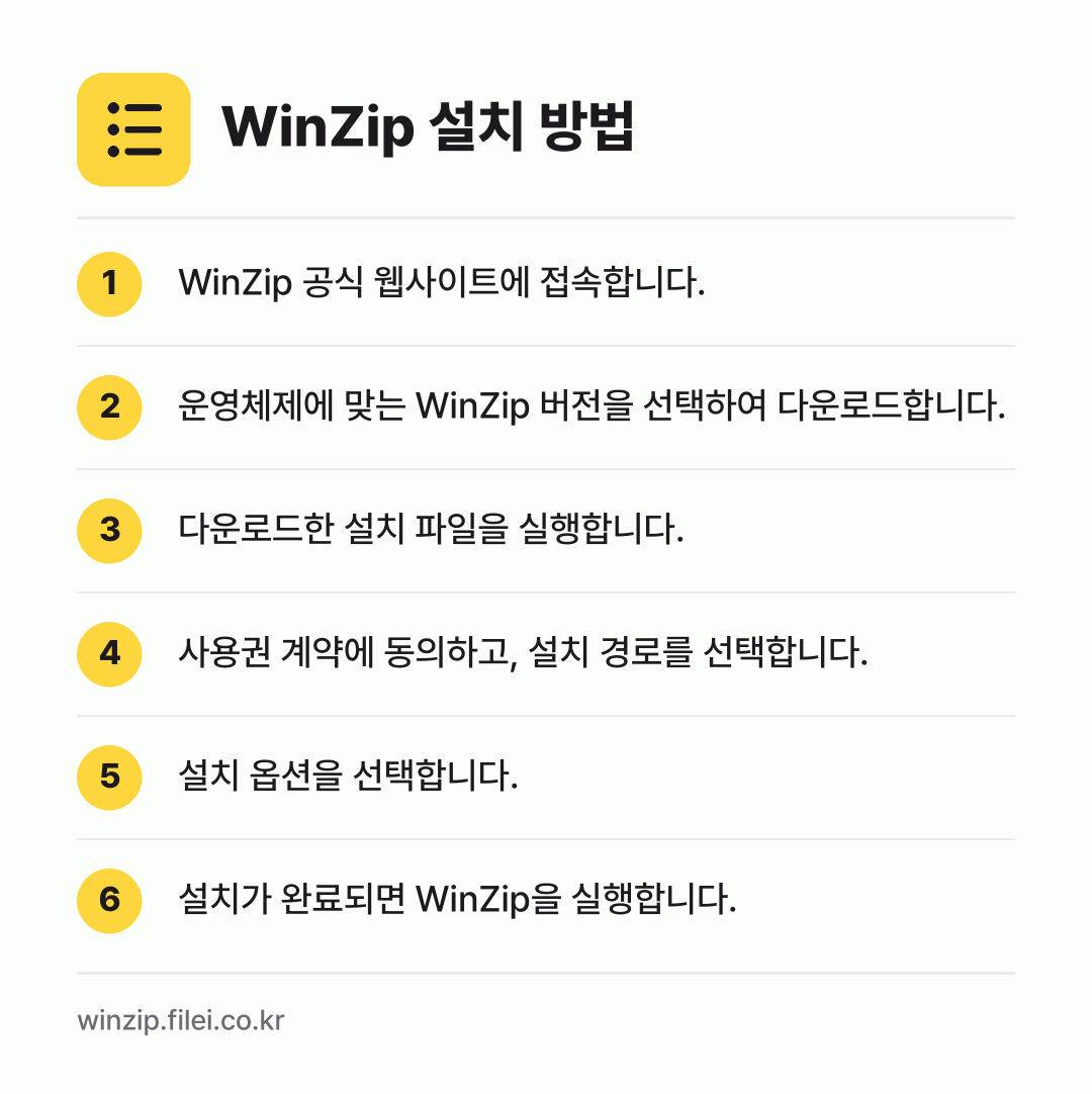 WinZip 설치 방법: WinZip 공식 웹사이트에 접속합니다. → 운영체제에 맞는 WinZip 버전을 선택하… → 다운로드한 설치 파일을 실행합니다. → 사용권 계약에 동의하고, 설치 경로를 선택… → 설치 옵션을 선택합니다. → 설치가 완료되면 WinZip을 실행합니다.
