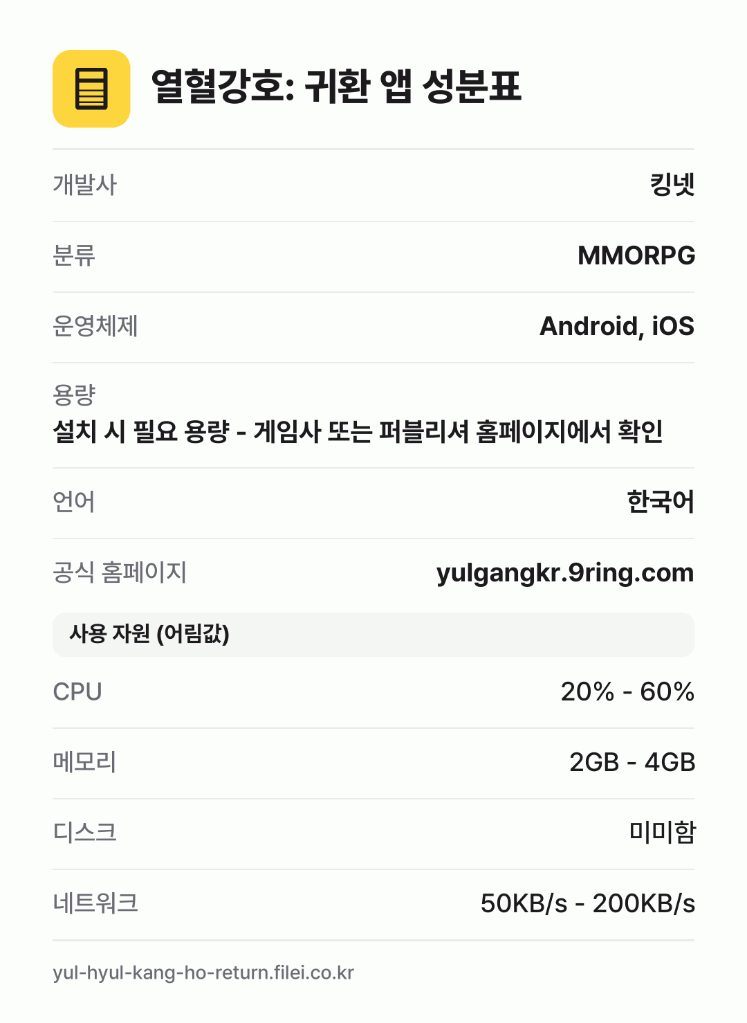 열혈강호: 귀환 앱 성분표: 개발사 킹넷, 분류 MMORPG, 운영체제 Android, iOS, 용량 설치 시 필요 용량 - 게임사 또는 퍼블리셔 홈페이지에서 확인, 언어 한국어