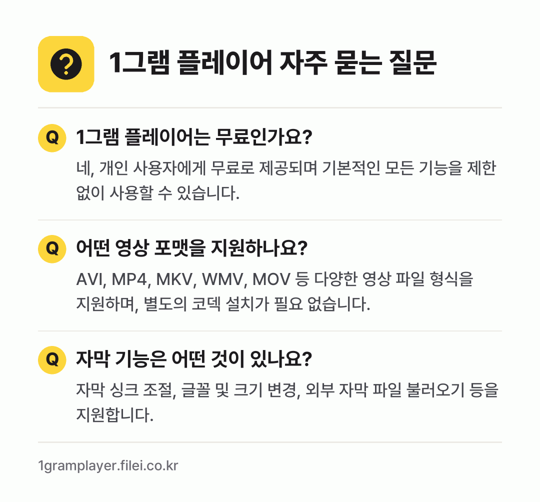 1그램 플레이어 자주 묻는 질문: 1그램 플레이어는 무료인가요? / 어떤 영상 포맷을 지원하나요? / 자막 기능은 어떤 것이 있나요?
