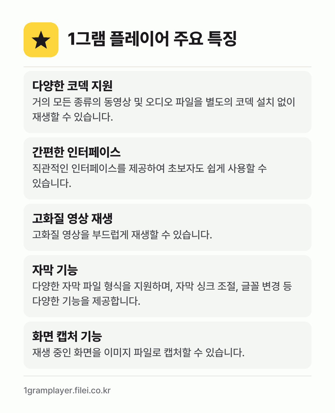 1그램 플레이어 주요 특징: 다양한 코덱 지원, 간편한 인터페이스, 고화질 영상 재생, 자막 기능, 화면 캡처 기능