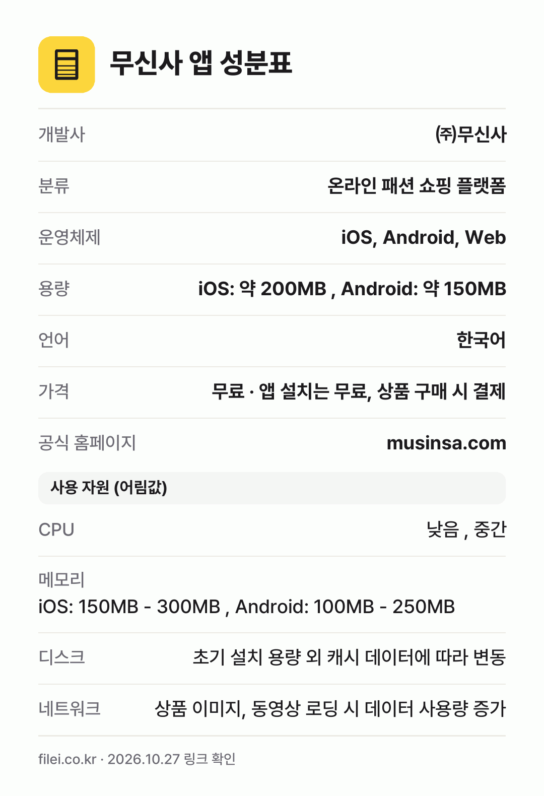 무신사 앱 성분표: 개발사 ㈜무신사, 분류 온라인 패션 쇼핑 플랫폼, 운영체제 iOS, Android, Web, 용량 iOS: 약 200MB , Android: 약 150MB, 언어 한국어