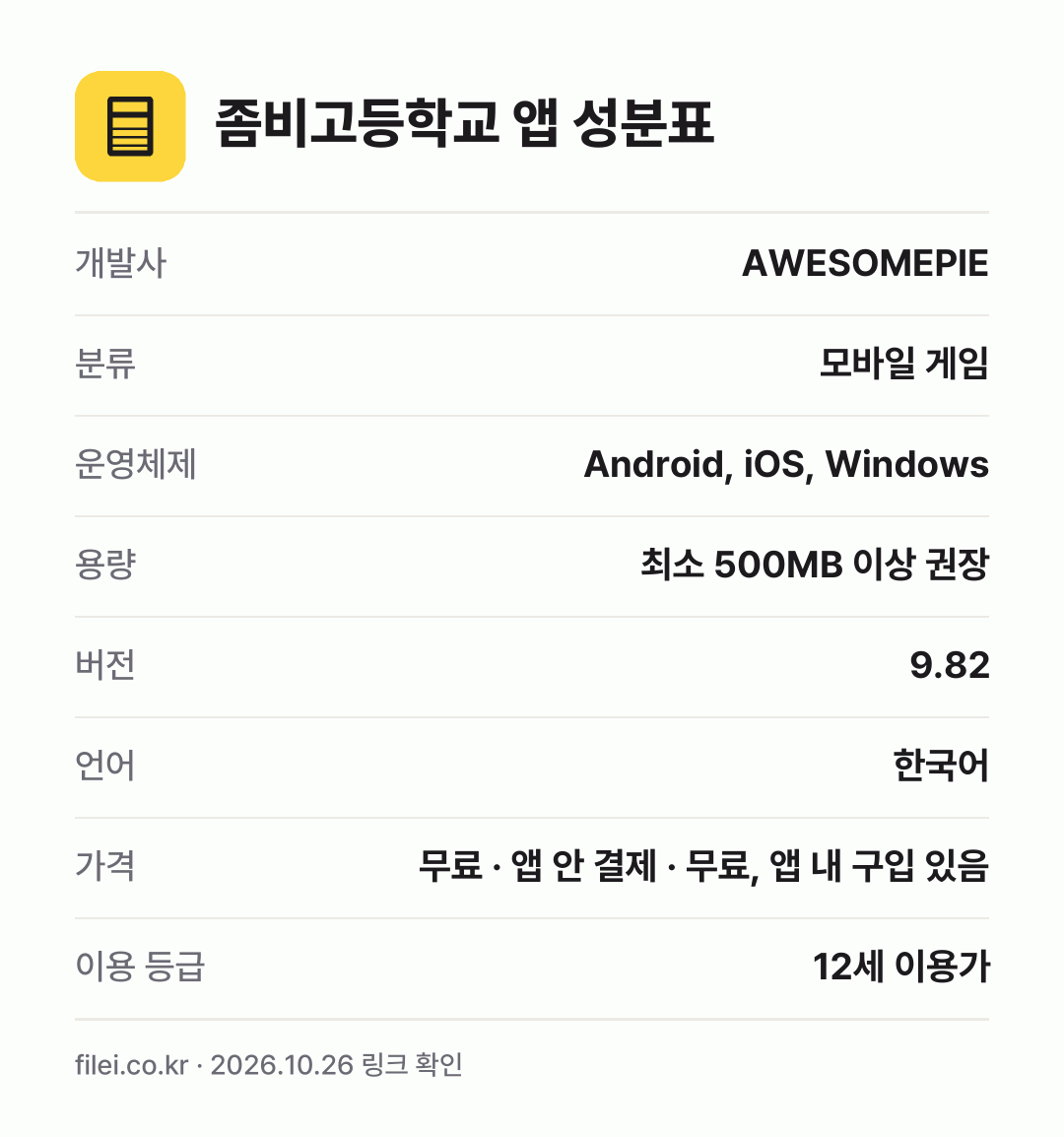 좀비고등학교 앱 성분표: 개발사 AWESOMEPIE, 분류 모바일 게임, 운영체제 Android, iOS, Windows, 용량 최소 500MB 이상 권장, 버전 9.82