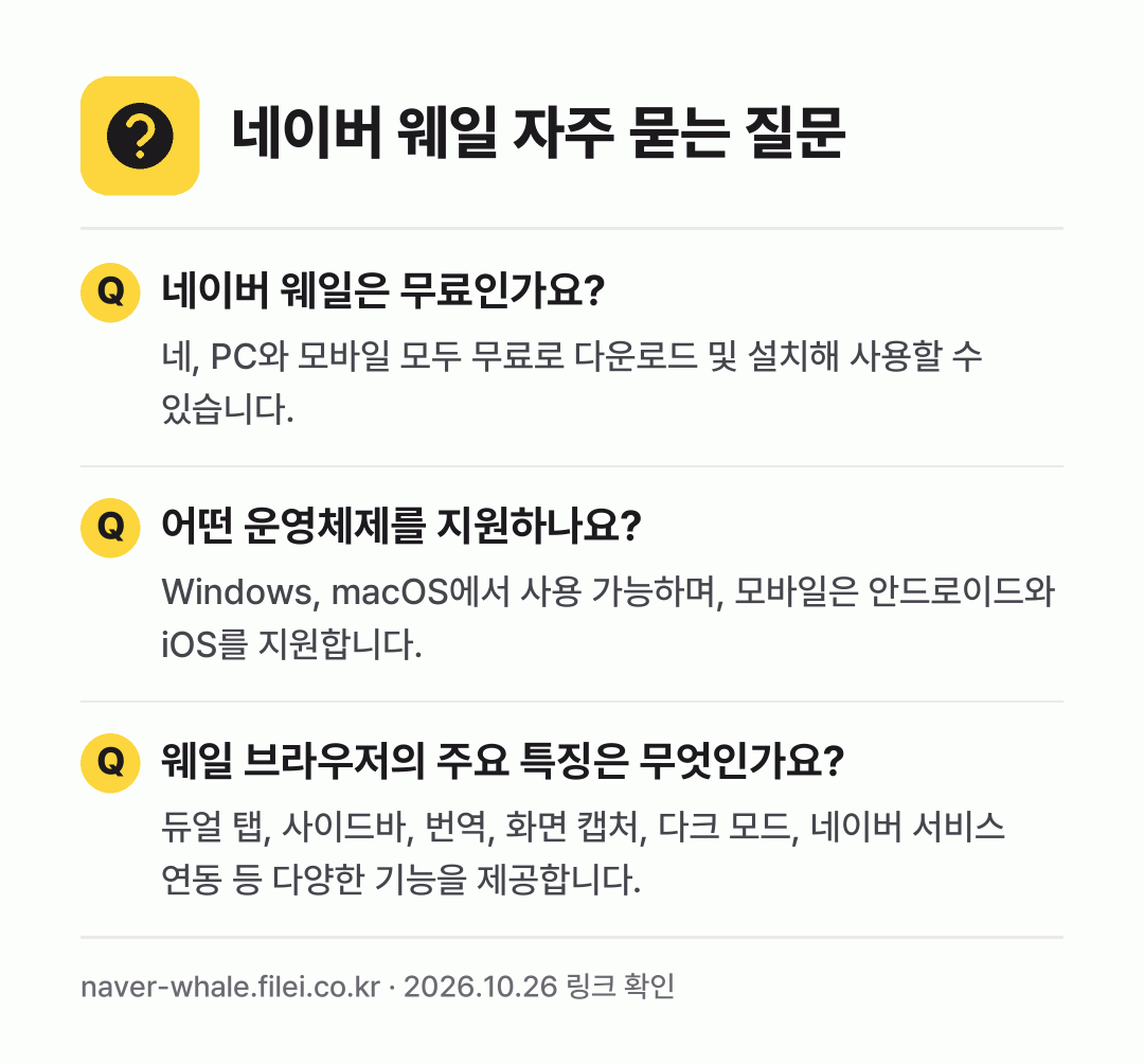 네이버 웨일 자주 묻는 질문: 네이버 웨일은 무료인가요? / 어떤 운영체제를 지원하나요? / 웨일 브라우저의 주요 특징은 무엇인가요?