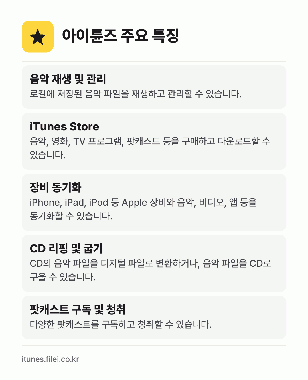 아이튠즈 주요 특징: 음악 재생 및 관리, iTunes Store, 장비 동기화, CD 리핑 및 굽기, 팟캐스트 구독 및 청취