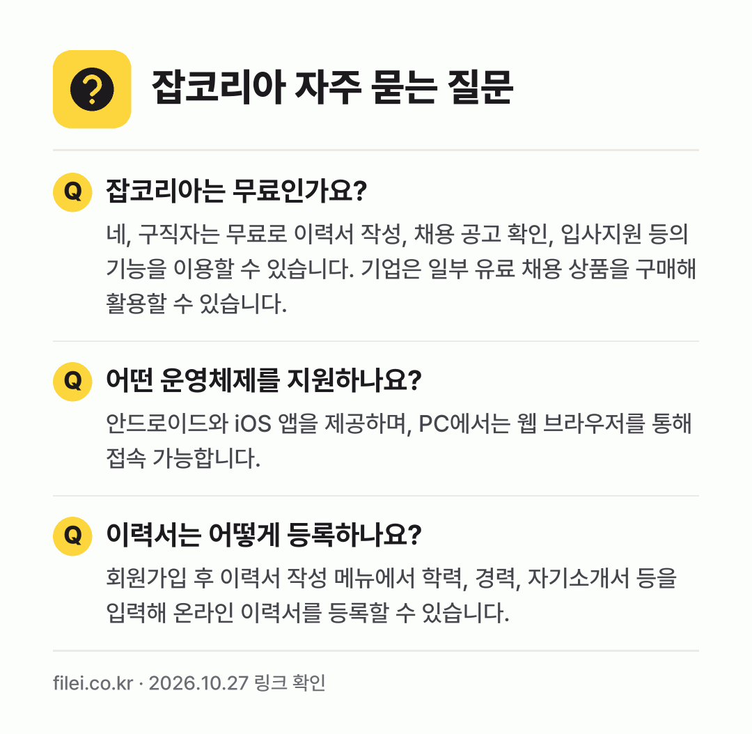 잡코리아 자주 묻는 질문: 잡코리아는 무료인가요? / 어떤 운영체제를 지원하나요? / 이력서는 어떻게 등록하나요?