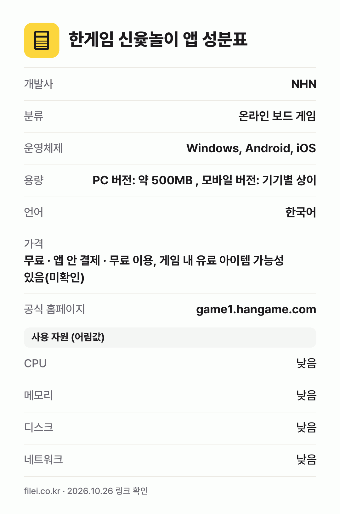 한게임 신윷놀이 앱 성분표: 개발사 NHN, 분류 온라인 보드 게임, 운영체제 Windows, Android, iOS, 용량 PC 버전: 약 500MB , 모바일 버전: 기기별 상이, 언어 한국어