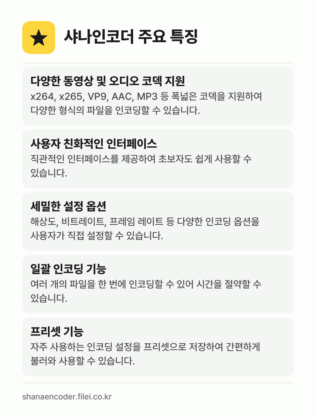 샤나인코더 주요 특징: 다양한 동영상 및 오디오 코덱 지원, 사용자 친화적인 인터페이스, 세밀한 설정 옵션, 일괄 인코딩 기능, 프리셋 기능