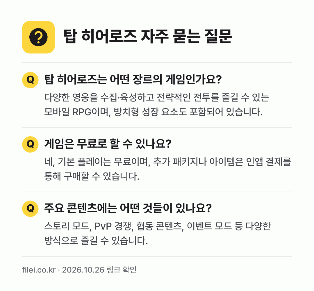탑 히어로즈 자주 묻는 질문: 탑 히어로즈는 어떤 장르의 게임인가요? / 게임은 무료로 할 수 있나요? / 주요 콘텐츠에는 어떤 것들이 있나요?