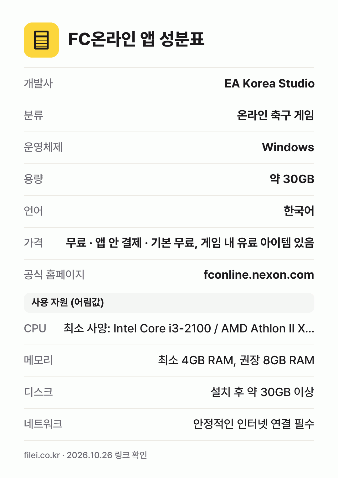 FC온라인 앱 성분표: 개발사 EA Korea Studio, 분류 온라인 축구 게임, 운영체제 Windows, 용량 약 30GB, 언어 한국어