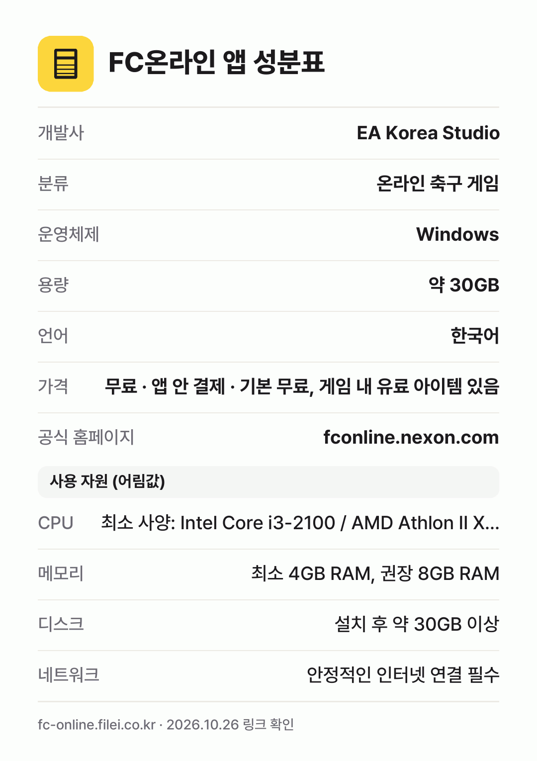 FC온라인 앱 성분표: 개발사 EA Korea Studio, 분류 온라인 축구 게임, 운영체제 Windows, 용량 약 30GB, 언어 한국어