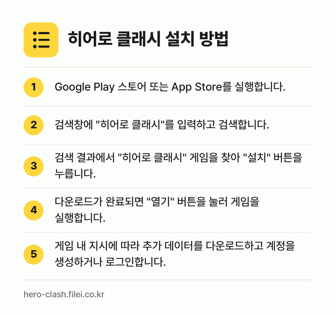 히어로 클래시 설치 방법: Google Play 스토어 또는 App… → 검색창에 "히어로 클래시"를 입력하고 검색… → 검색 결과에서 "히어로 클래시" 게임을 찾… → 다운로드가 완료되면 "열기" 버튼을 눌러… → 게임 내 지시에 따라 추가 데이터를 다운로…