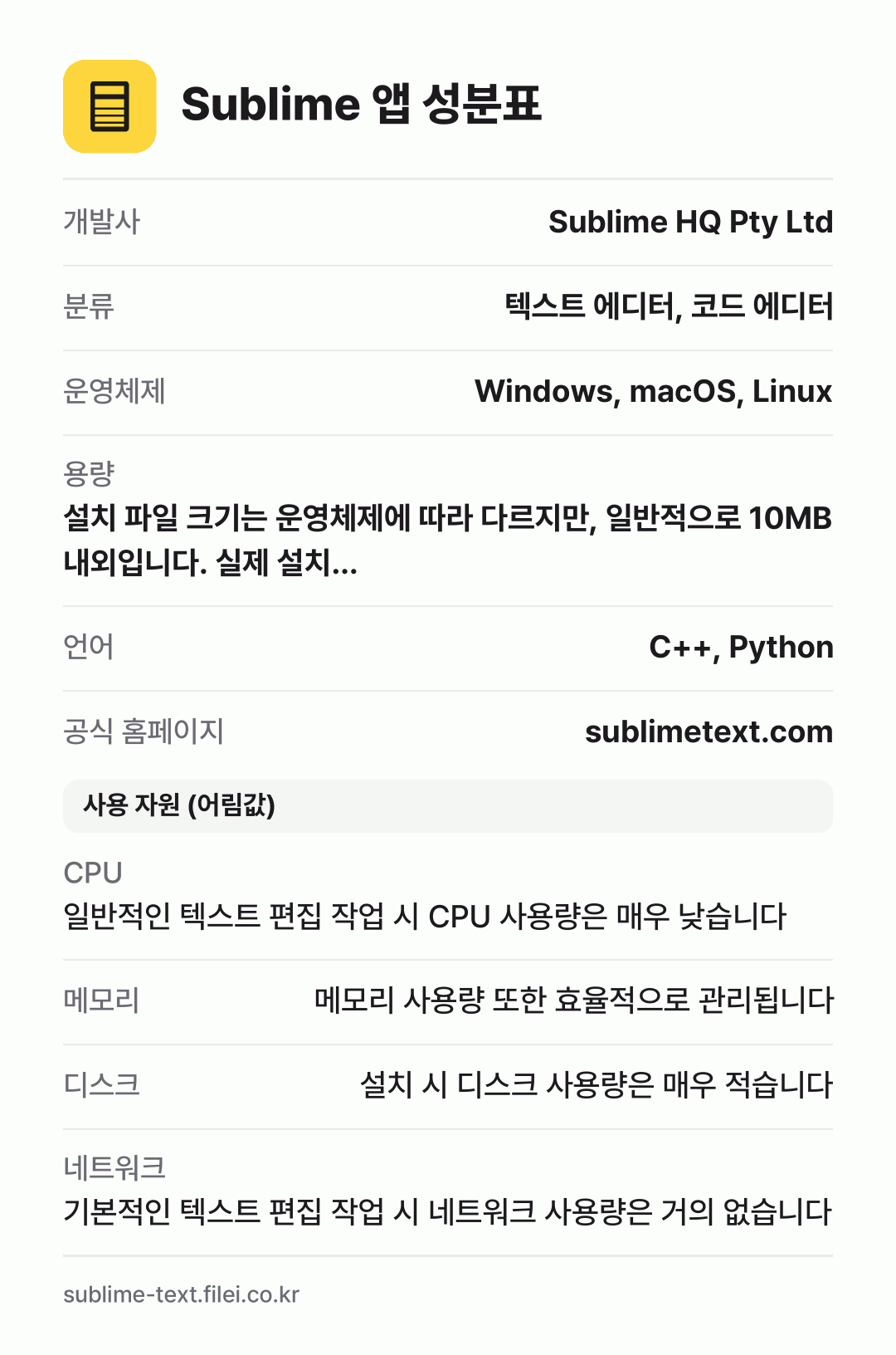 Sublime 앱 성분표: 개발사 Sublime HQ Pty Ltd, 분류 텍스트 에디터, 코드 에디터, 운영체제 Windows, macOS, Linux, 용량 설치 파일 크기는 운영체제에 따라 다르지만, 일반적으로 10MB 내외입니다. 실제 설치…, 언어 C++, Python