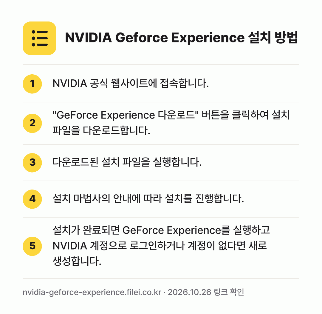 NVIDIA Geforce Experience 설치 방법: NVIDIA 공식 웹사이트에 접속합니다. → "GeForce Experience 다운로… → 다운로드된 설치 파일을 실행합니다. → 설치 마법사의 안내에 따라 설치를 진행합니… → 설치가 완료되면 GeForce Experi…