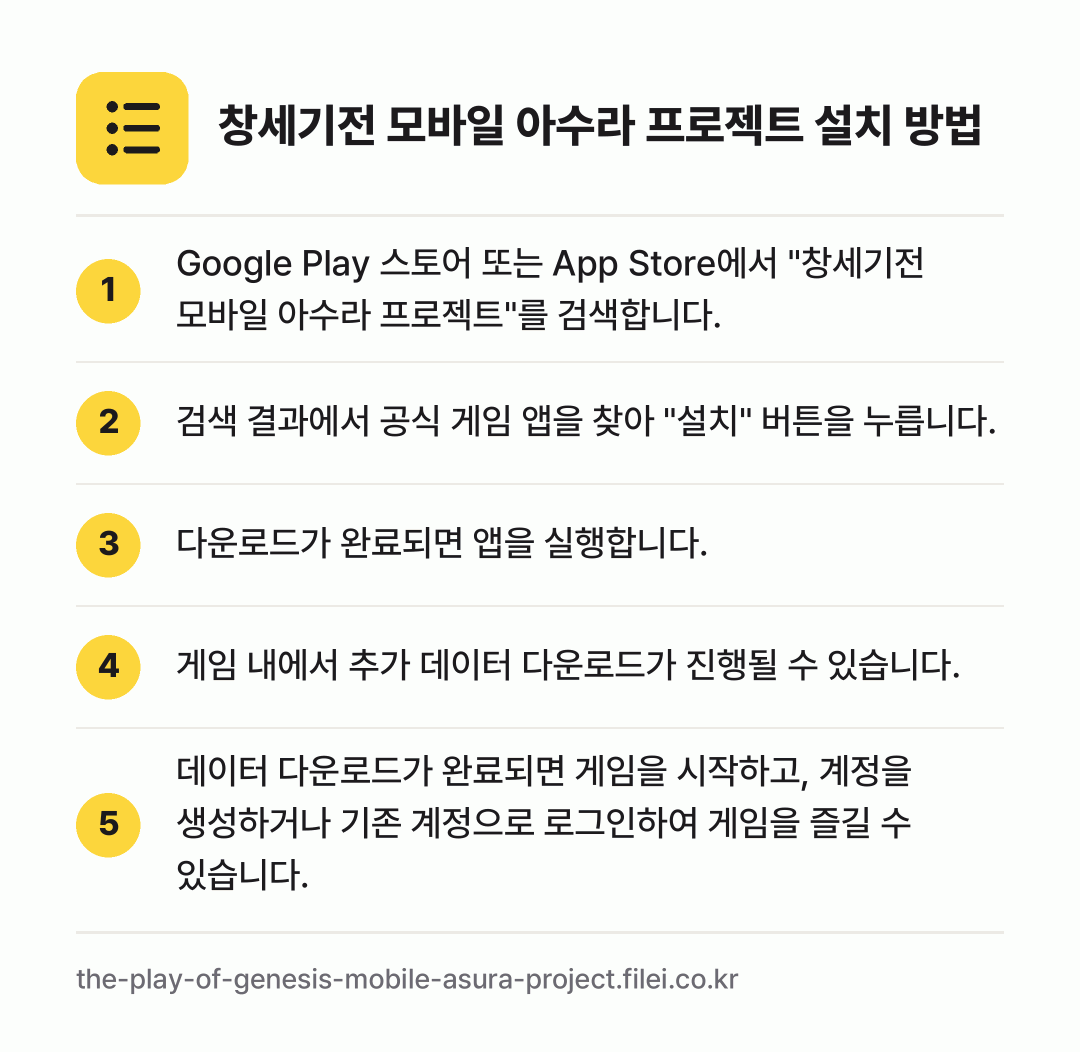 창세기전 모바일 아수라 프로젝트 설치 방법: Google Play 스토어 또는 App… → 검색 결과에서 공식 게임 앱을 찾아 "설치… → 다운로드가 완료되면 앱을 실행합니다. → 게임 내에서 추가 데이터 다운로드가 진행될… → 데이터 다운로드가 완료되면 게임을 시작하고…