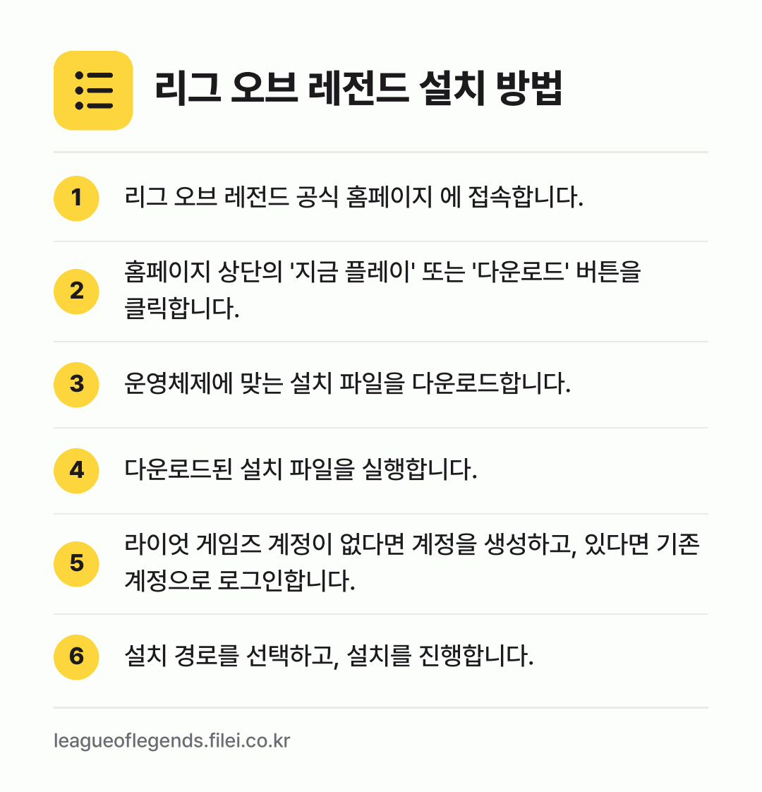 리그 오브 레전드 설치 방법: 리그 오브 레전드 공식 홈페이지 에 접속합… → 홈페이지 상단의 '지금 플레이' 또는 '다… → 운영체제에 맞는 설치 파일을 다운로드합니다. → 다운로드된 설치 파일을 실행합니다. → 라이엇 게임즈 계정이 없다면 계정을 생성하… → 설치 경로를 선택하고, 설치를 진행합니다.