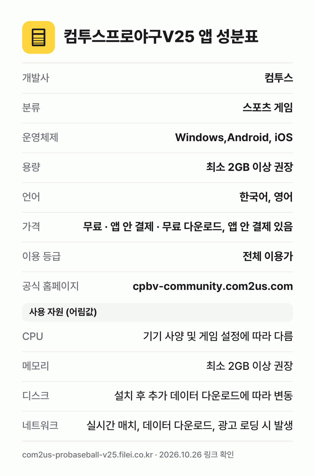 컴투스프로야구V25 앱 성분표: 개발사 컴투스, 분류 스포츠 게임, 운영체제 Windows,Android, iOS, 용량 최소 2GB 이상 권장, 언어 한국어, 영어