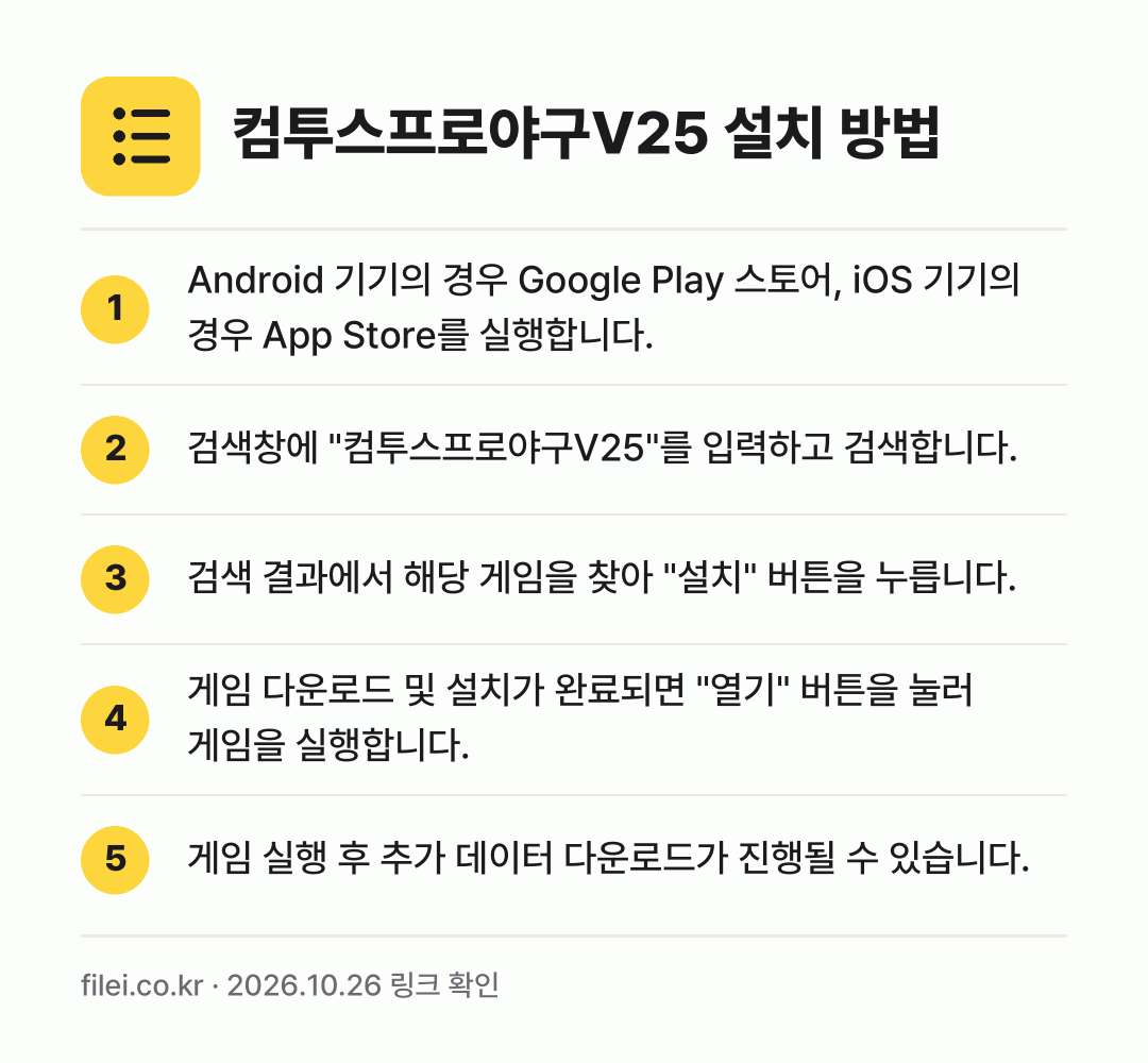 컴투스프로야구V25 설치 방법: Android 기기의 경우 Google P… → 검색창에 "컴투스프로야구V25"를 입력하고… → 검색 결과에서 해당 게임을 찾아 "설치"… → 게임 다운로드 및 설치가 완료되면 "열기"… → 게임 실행 후 추가 데이터 다운로드가 진행…
