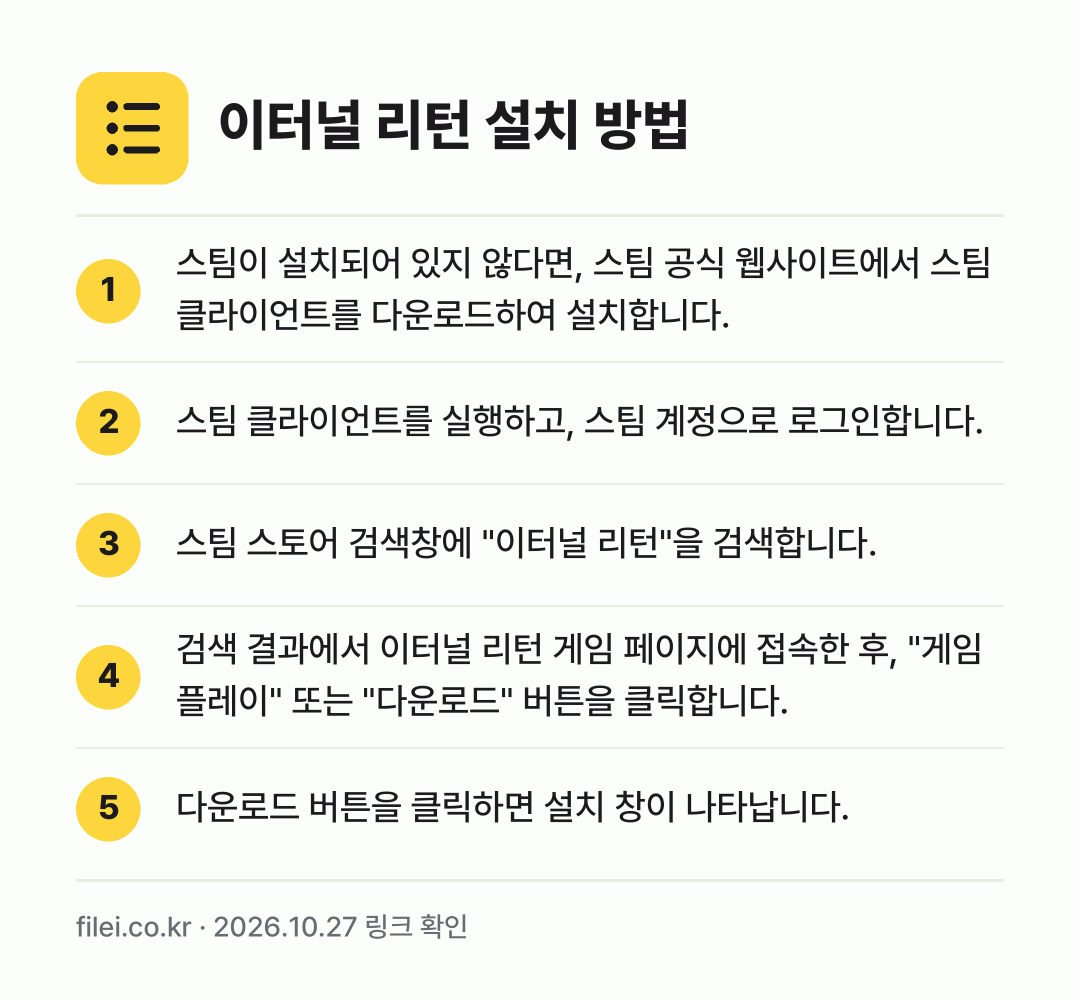 이터널 리턴 설치 방법: 스팀이 설치되어 있지 않다면, 스팀 공식… → 스팀 클라이언트를 실행하고, 스팀 계정으로… → 스팀 스토어 검색창에 "이터널 리턴"을 검… → 검색 결과에서 이터널 리턴 게임 페이지에… → 다운로드 버튼을 클릭하면 설치 창이 나타납…