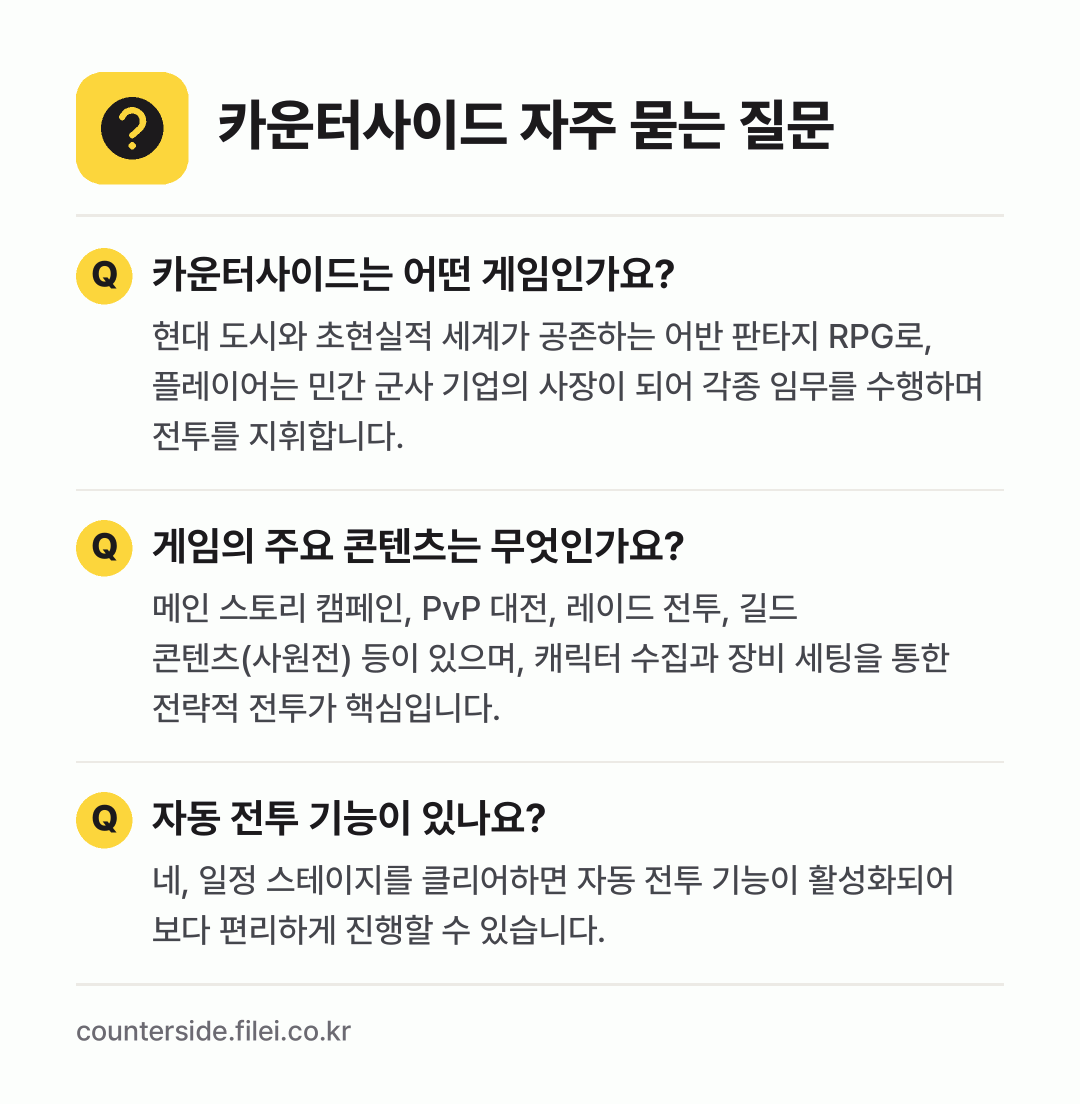 카운터사이드 자주 묻는 질문: 카운터사이드는 어떤 게임인가요? / 게임의 주요 콘텐츠는 무엇인가요? / 자동 전투 기능이 있나요?
