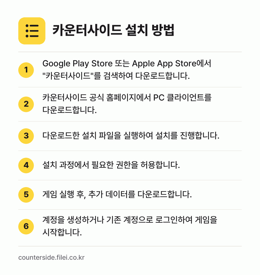 카운터사이드 설치 방법: Google Play Store 또는 Ap… → 카운터사이드 공식 홈페이지에서 PC 클라이… → 다운로드한 설치 파일을 실행하여 설치를 진… → 설치 과정에서 필요한 권한을 허용합니다. → 게임 실행 후, 추가 데이터를 다운로드합니… → 계정을 생성하거나 기존 계정으로 로그인하여…